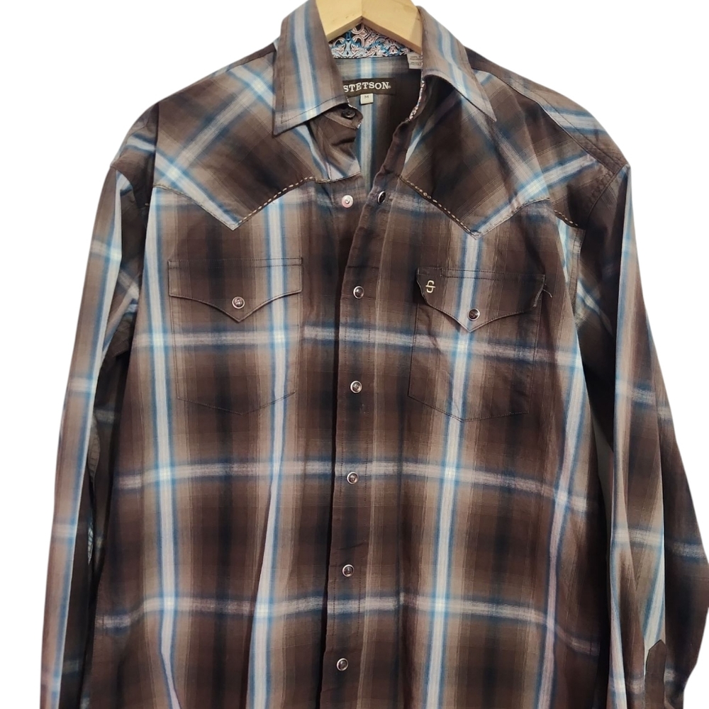Stetson Men's Brown Plaid Long Sleeve Flip Cuff Button Down Shirt